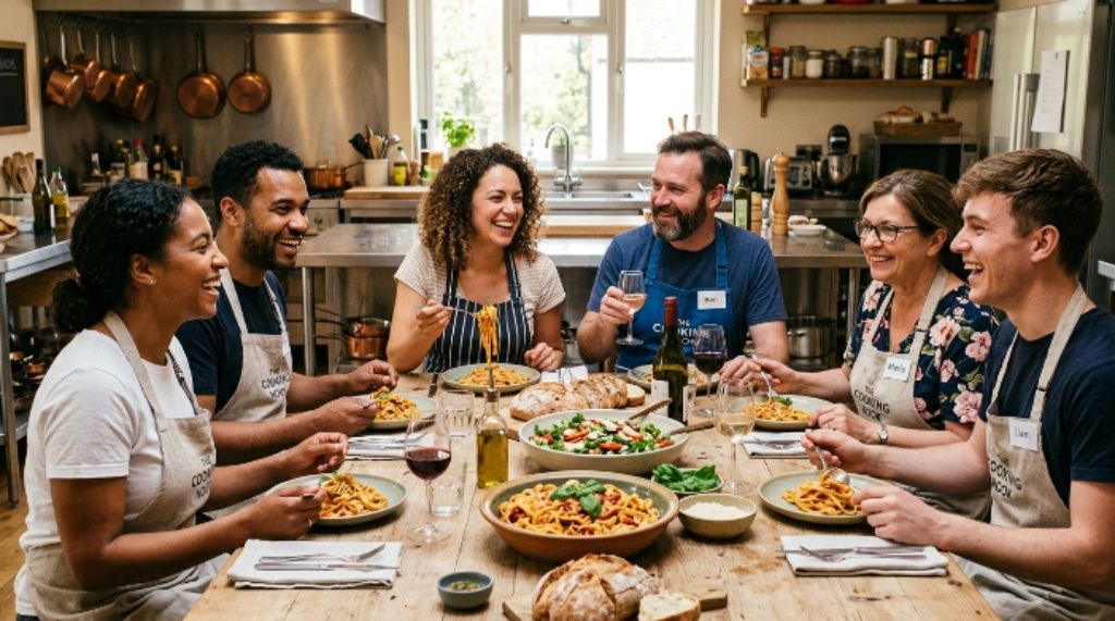 Group of home cooks enjoying a hands-on cooking class and meal together