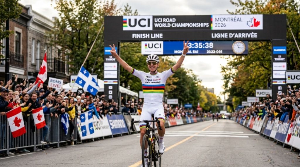 Tadej Pogačar in the rainbow jersey crossing the finish line on Avenue du Parc at the UCI Road World Championships 2026 in Montréal, Quebec, Canada