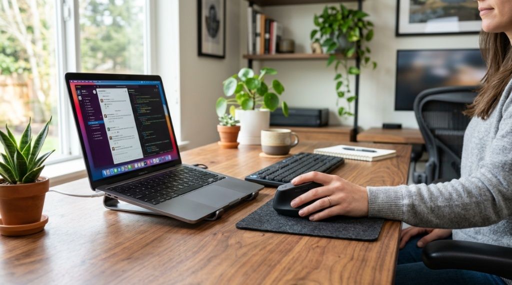Person using an ergonomic vertical mouse for wrist comfort during work.