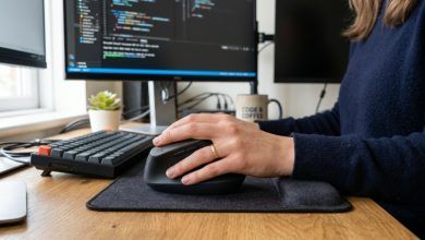 Ergonomic vertical mouse on a wooden office desk next to a laptop. (