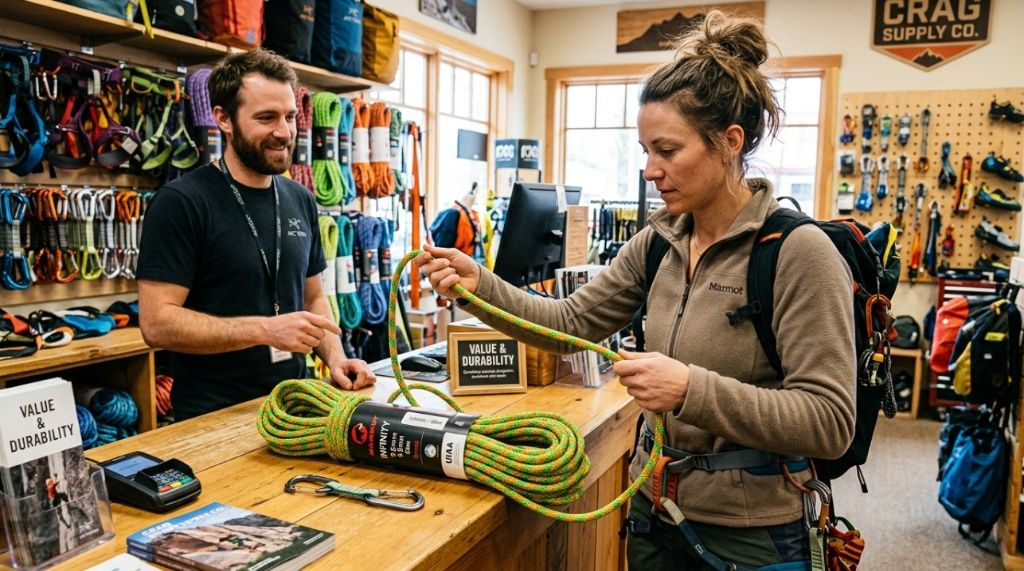 Climber examining a durable climbing rope at an outdoor gear store.