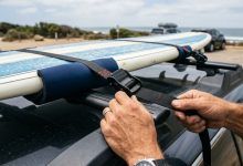 A surfboard strapped securely to a car roof rack on a sunny day.