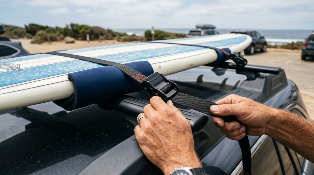 A surfboard strapped securely to a car roof rack on a sunny day.
