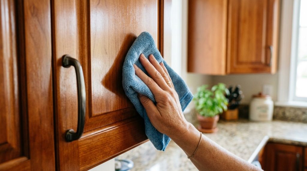 Natural cleaning solution ingredients arranged next to a wooden countertop.