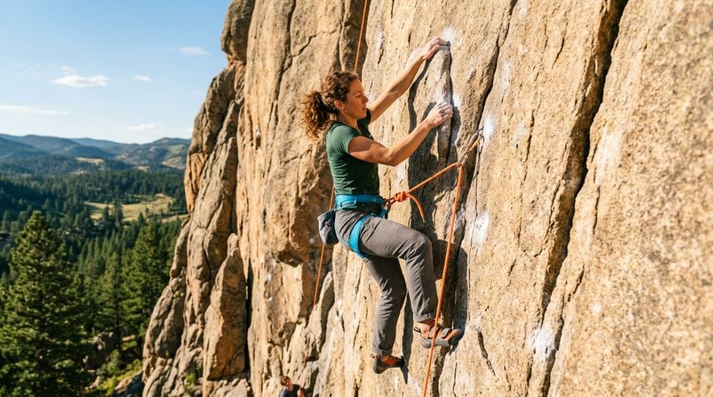 Rock climber scaling an outdoor cliff using a secure dynamic rope.