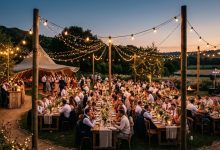 Warm string lights illuminating a budget-friendly outdoor wedding reception setup at dusk.