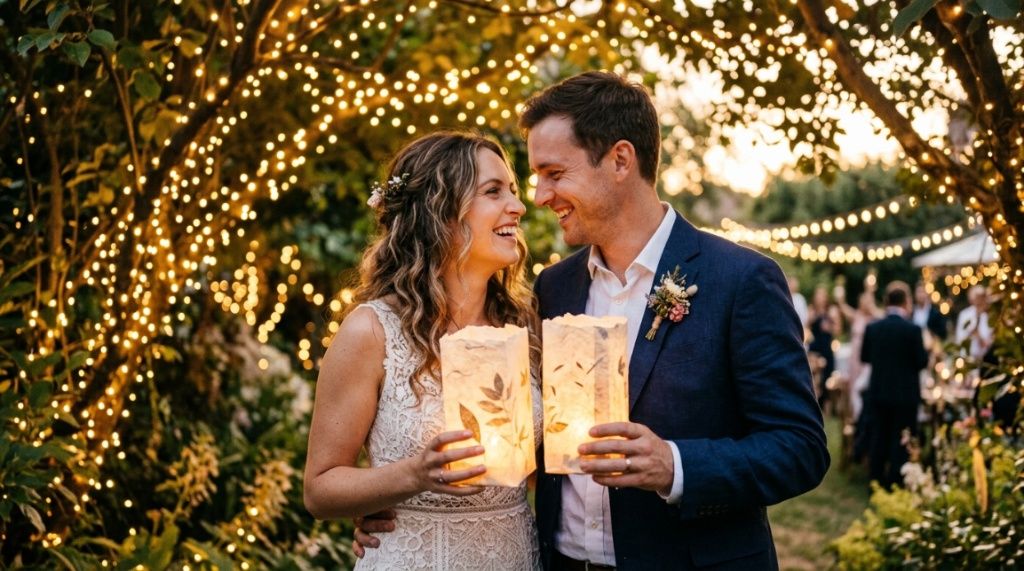 Bride and groom holding DIY paper lanterns under a glowing canopy of backyard fairy lights.