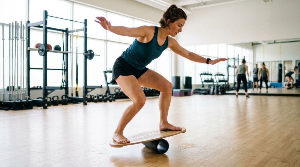 Athlete balancing on a wobble board to build core strength for surfing