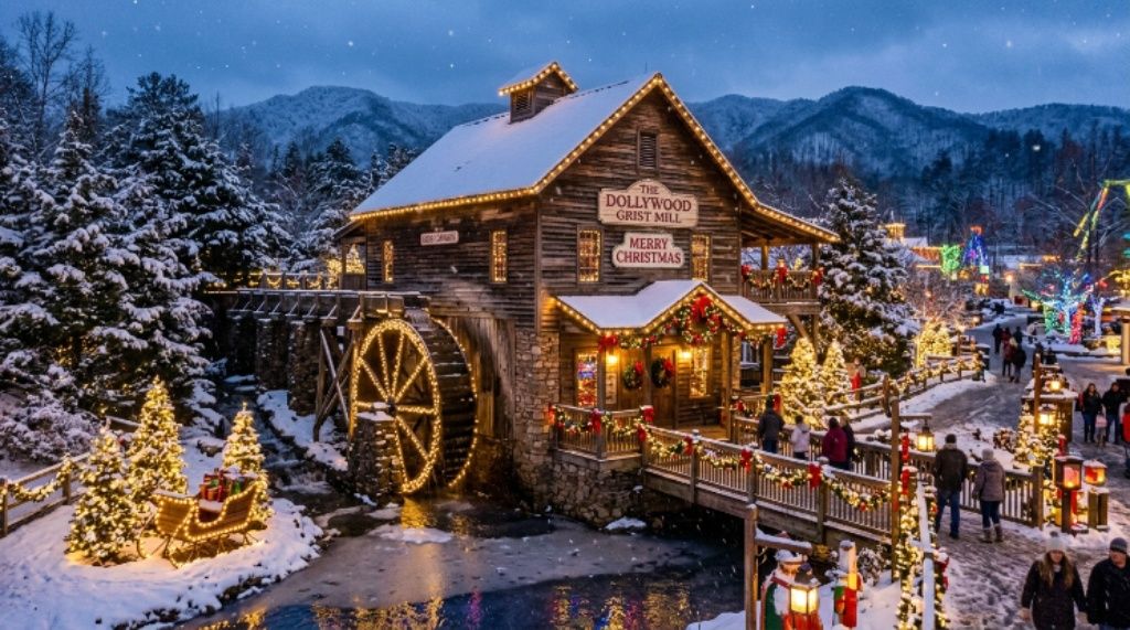 Grist Mill at Dollywood decorated for Christmas with festive lights and seasonal holiday displays in Pigeon Forge Tennessee