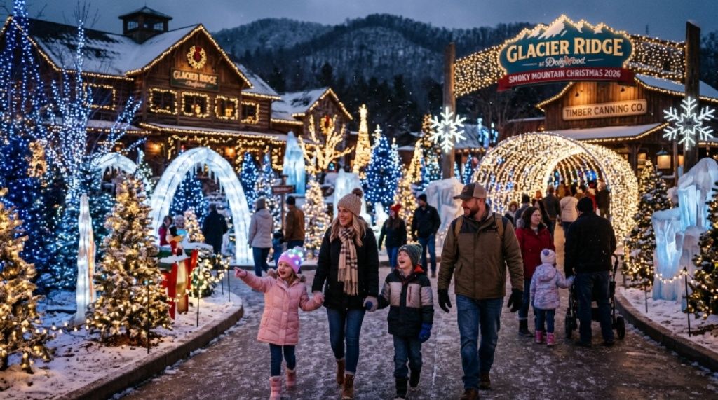 Families walking through Glacier Ridge at Dollywood during the 2026 Smoky Mountain Christmas holiday event