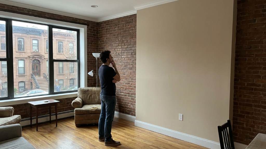 Modern Brooklyn living room with textured accent wall and artwork