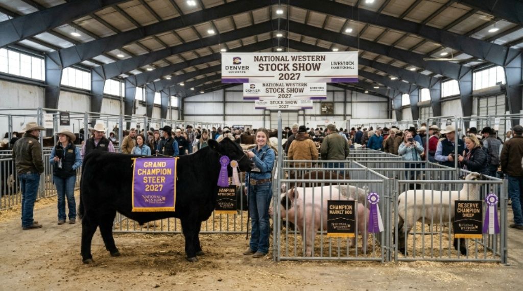 Champion livestock on display at the National Western Stock Show 2027 exhibition hall in Denver