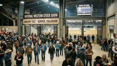 Crowds gathering at the National Western Stock Show arena during the 2027 January rodeo in Denver, Colorado