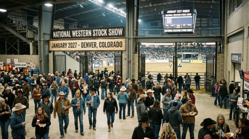 Crowds gathering at the National Western Stock Show arena during the 2027 January rodeo in Denver, Colorado