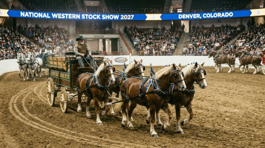 Draft horse hitch teams performing at the National Western Stock Show 2027 horse show event in Denver