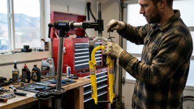 Old MTB fork being cleaned during suspension service in Denver
