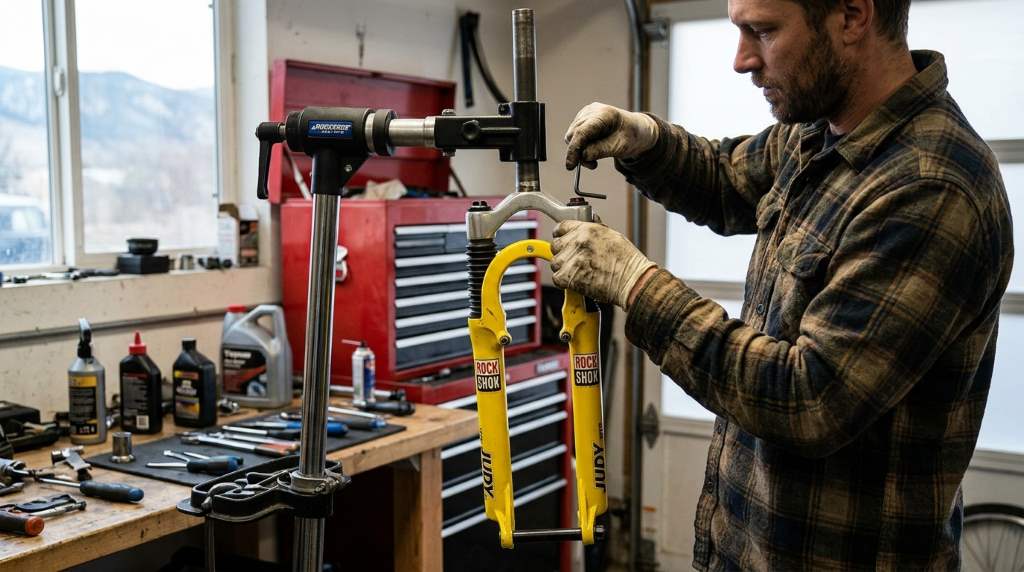 Old MTB fork being cleaned during suspension service in Denver