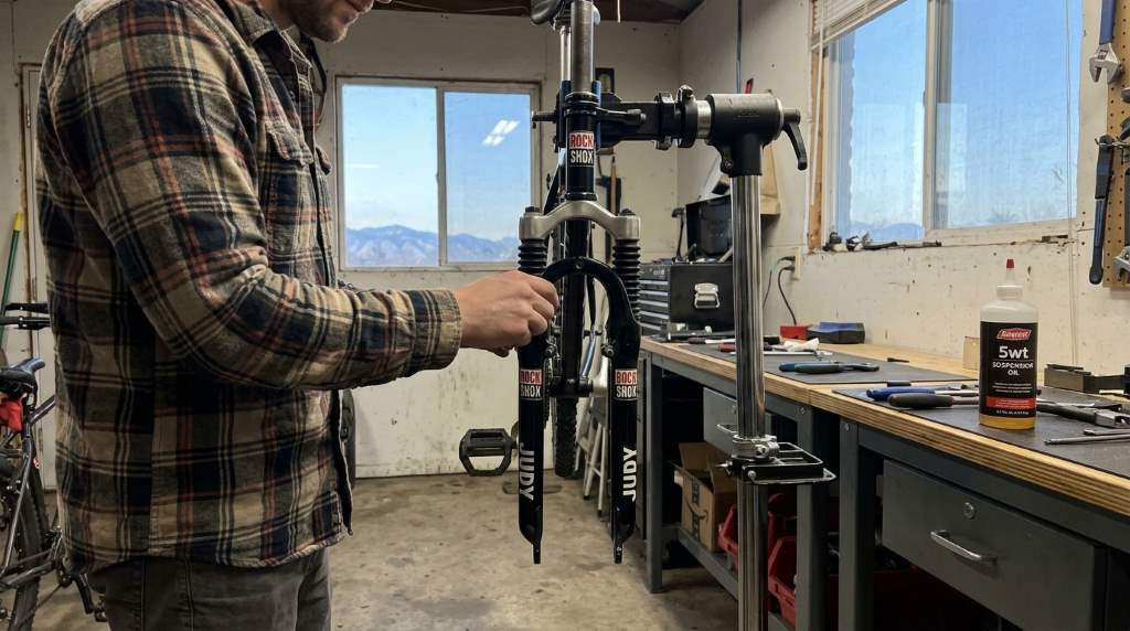 Old mountain bike suspension fork prepared for trail riding