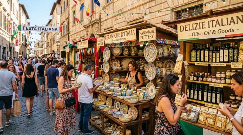 Colorful artisan vendor booths displaying handmade ceramics, olive oils, and Italian-inspired goods at a street festival