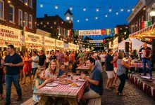 Outdoor Italian feast event with food stalls, string lights, and families enjoying live music in downtown Summerville
