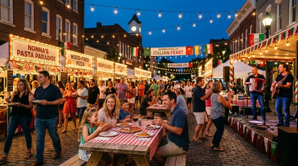 Outdoor Italian feast event with food stalls, string lights, and families enjoying live music in downtown Summerville