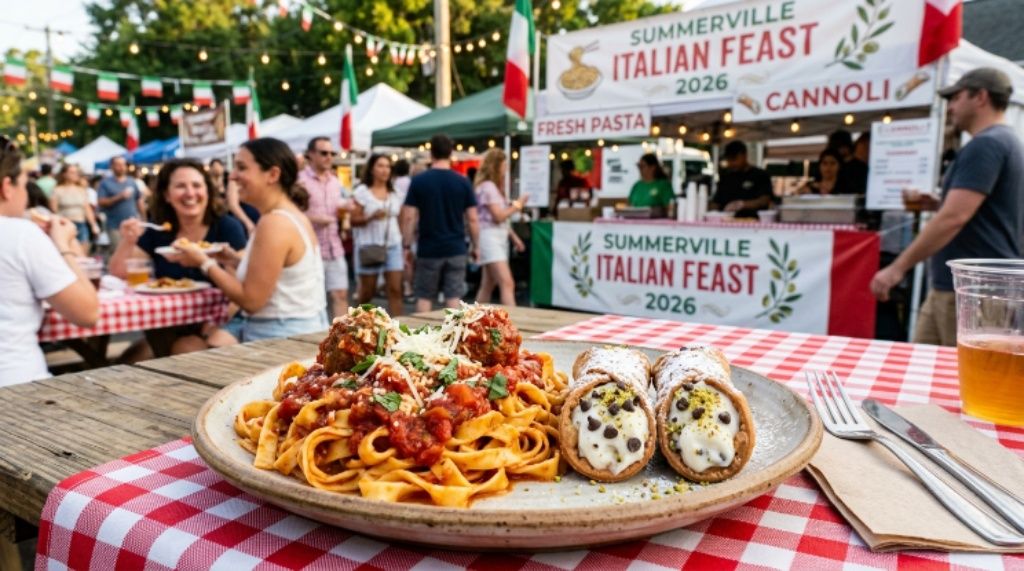Plate of handmade pasta and cannoli served at the Summerville Italian Feast 2026 community event