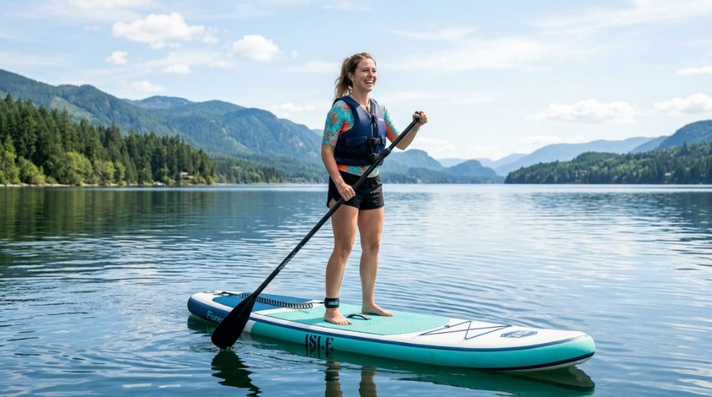Packed inflatable paddle board backpack and hand pump on grass.