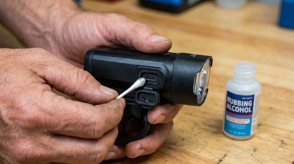Cotton swab cleaning usb charging port on bicycle light