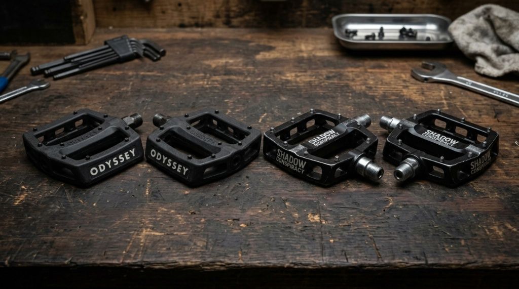 Side-by-side comparison of nylon composite and aluminum BMX pedals on a workbench.