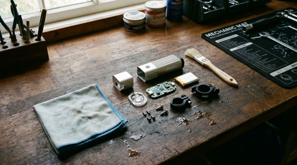 Microfiber cloth and brush cleaning a disassembled bike light
