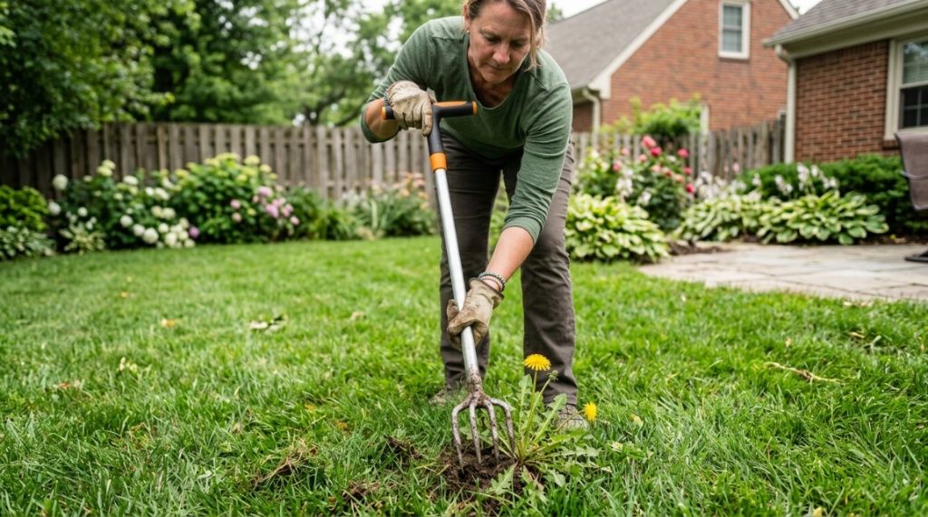 Gardener using a stand-up weed puller on an Ohio lawn.