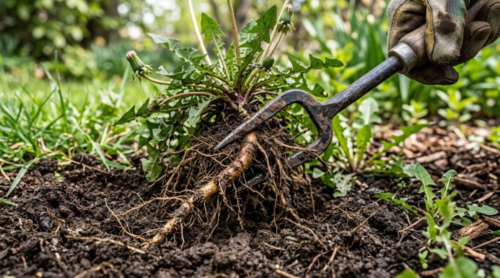 Metal claws of a weed puller gripping a taproot.