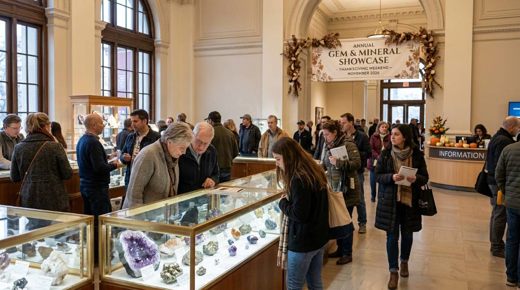 Visitors browsing a gemstone exhibit at an elegant mineral gallery showcase during the Thanksgiving weekend in November 2026