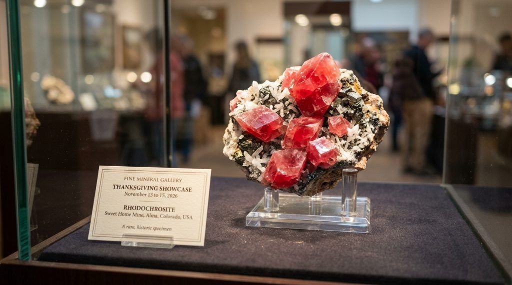 A close-up of a rare rhodochrosite crystal specimen on display at the Fine Mineral Gallery Thanksgiving Showcase, November 13 to 15, 2026