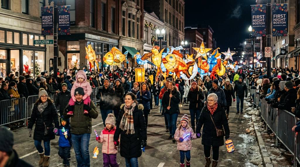 Families walking through the Grand Parade of Lanterns along Boylston Street at First Night Boston on December 31 2026