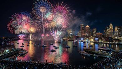 Colorful fireworks exploding over Boston Harbor at midnight during First Night Boston 2027 New Year's Eve celebrations