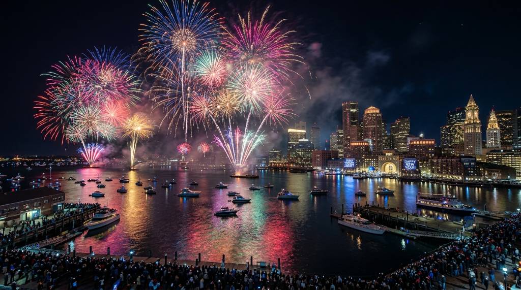 Colorful fireworks exploding over Boston Harbor at midnight during First Night Boston 2027 New Year's Eve celebrations