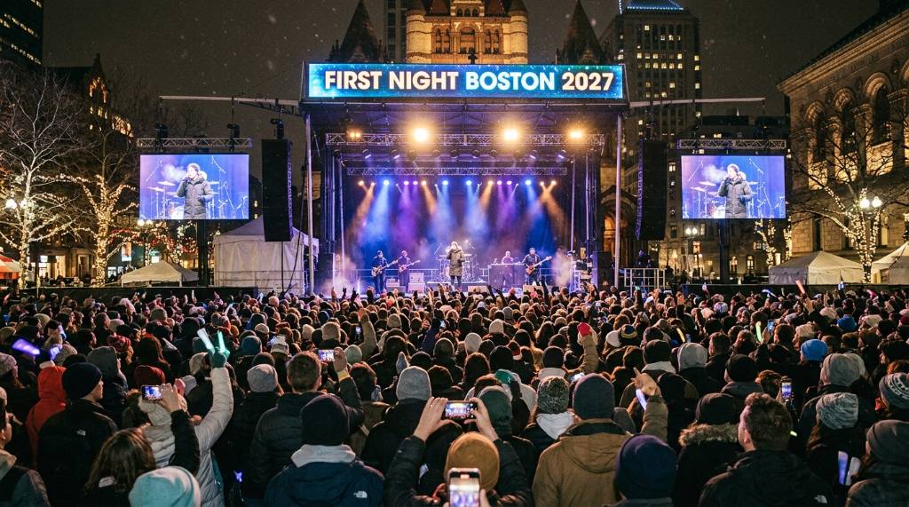 Live music performers on the main outdoor stage at Copley Square during First Night Boston 2027 winter festival