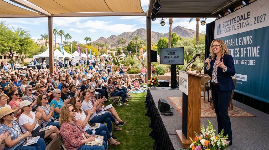 Author speaking on stage at the Scottsdale Book Festival 2027 with an audience of readers in an outdoor setting