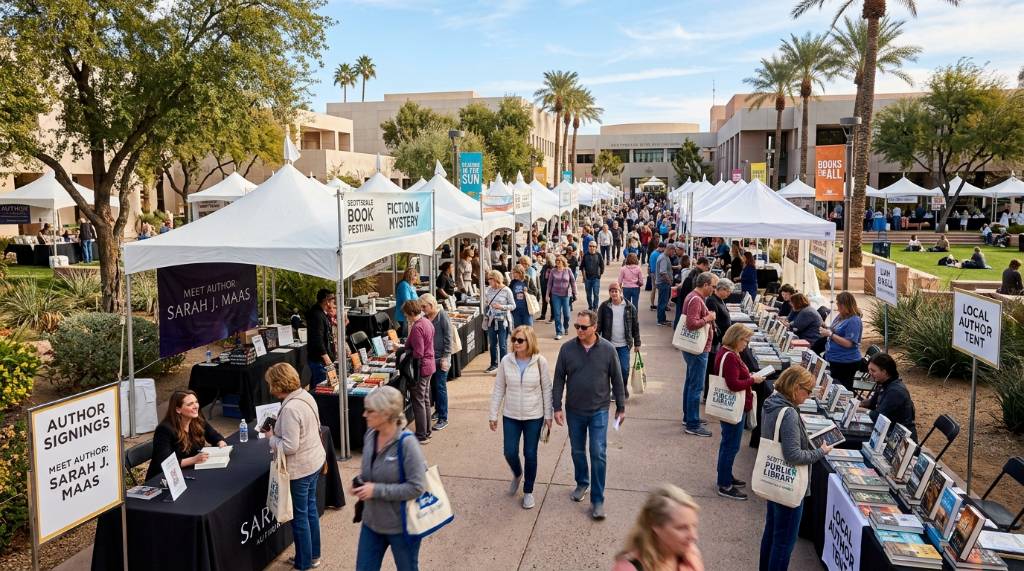 Outdoor book festival at Scottsdale Civic Center with author tents and visitors browsing books on a sunny January day