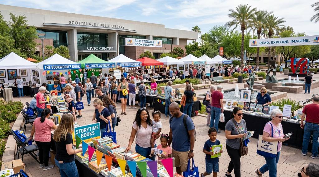 Families and book lovers gathering at the Scottsdale Civic Center plaza surrounded by book stalls and literary exhibits